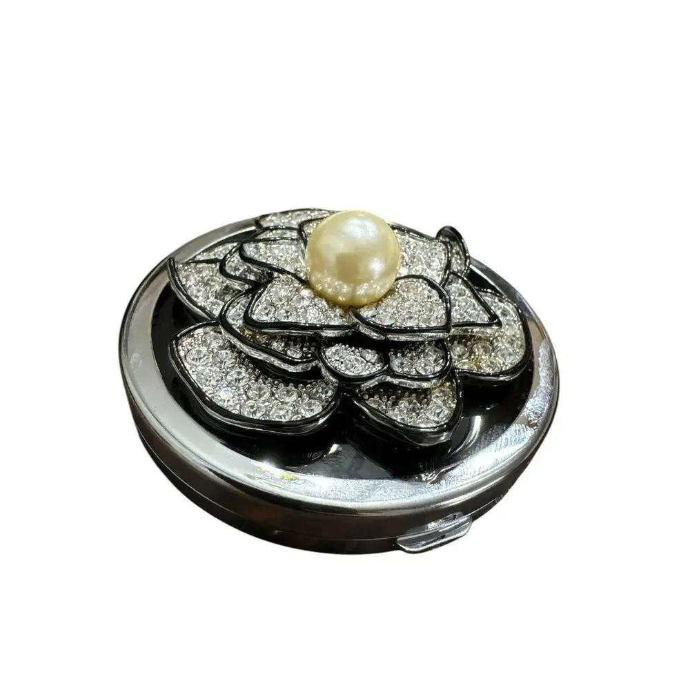 VINTAGE! KENNETH LANE CORAL BLACK AND CRYSTAL ROSE VANITY MIRROR COMPACT